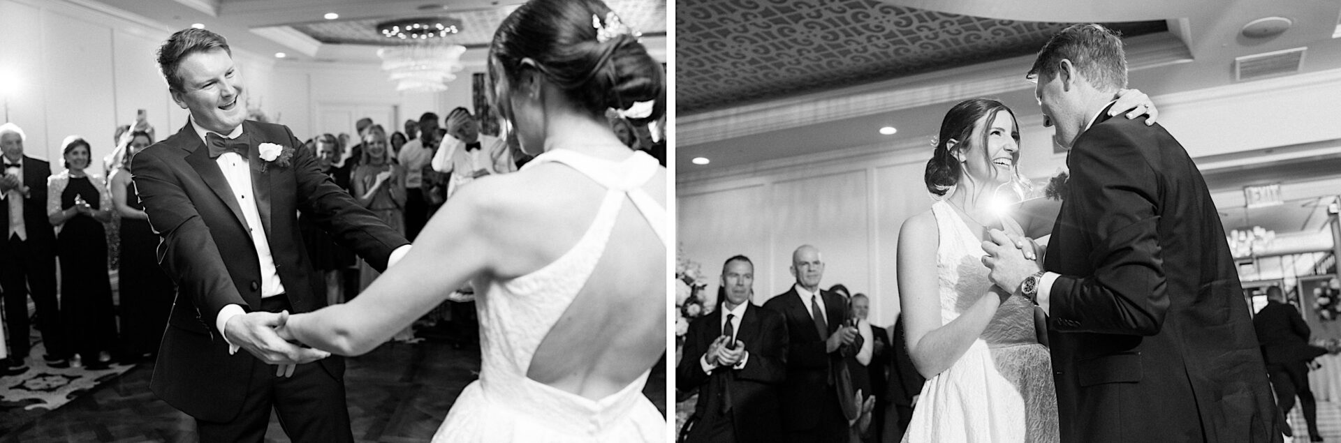 Two black and white photos of a bride and groom dancing at their wedding reception at Overbrook Golf Club in Villanova. In the left photo, the groom smiles broadly while holding the bride's hands. In the right photo, the couple embraces and smiles.