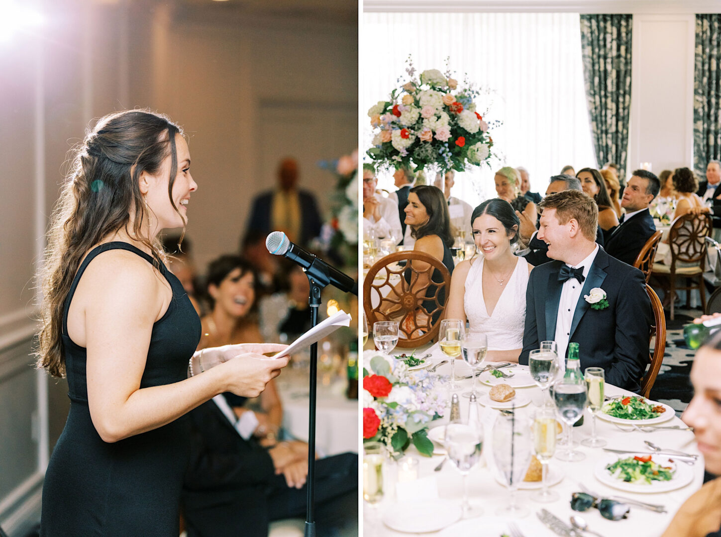 At an Overbrook Golf Club wedding near Philadelphia, a woman in a black dress speaks into a microphone at the reception while the bride and groom, seated at a table with guests, smile and listen.