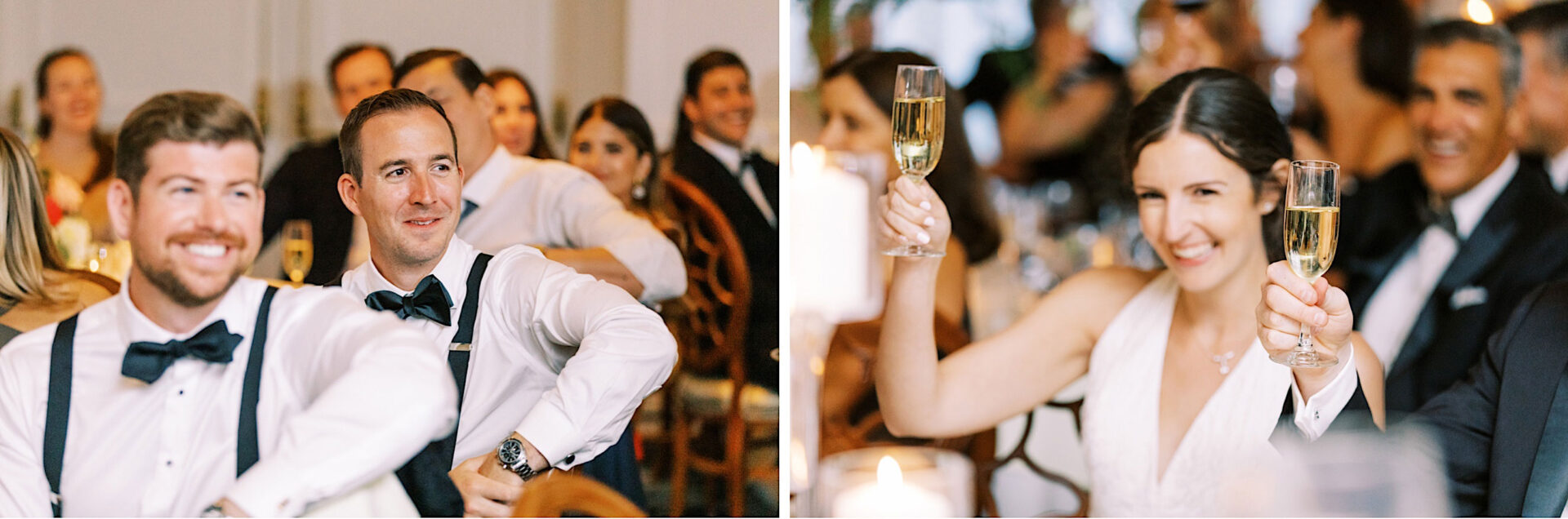 Guests in formal attire raise their champagne glasses in a toast at a celebration. At this elegant Overbrook Golf Club wedding, a woman in a white dress and a man in suspenders and a bow tie are prominently featured, embodying the charm of Philadelphia's stylish gatherings.