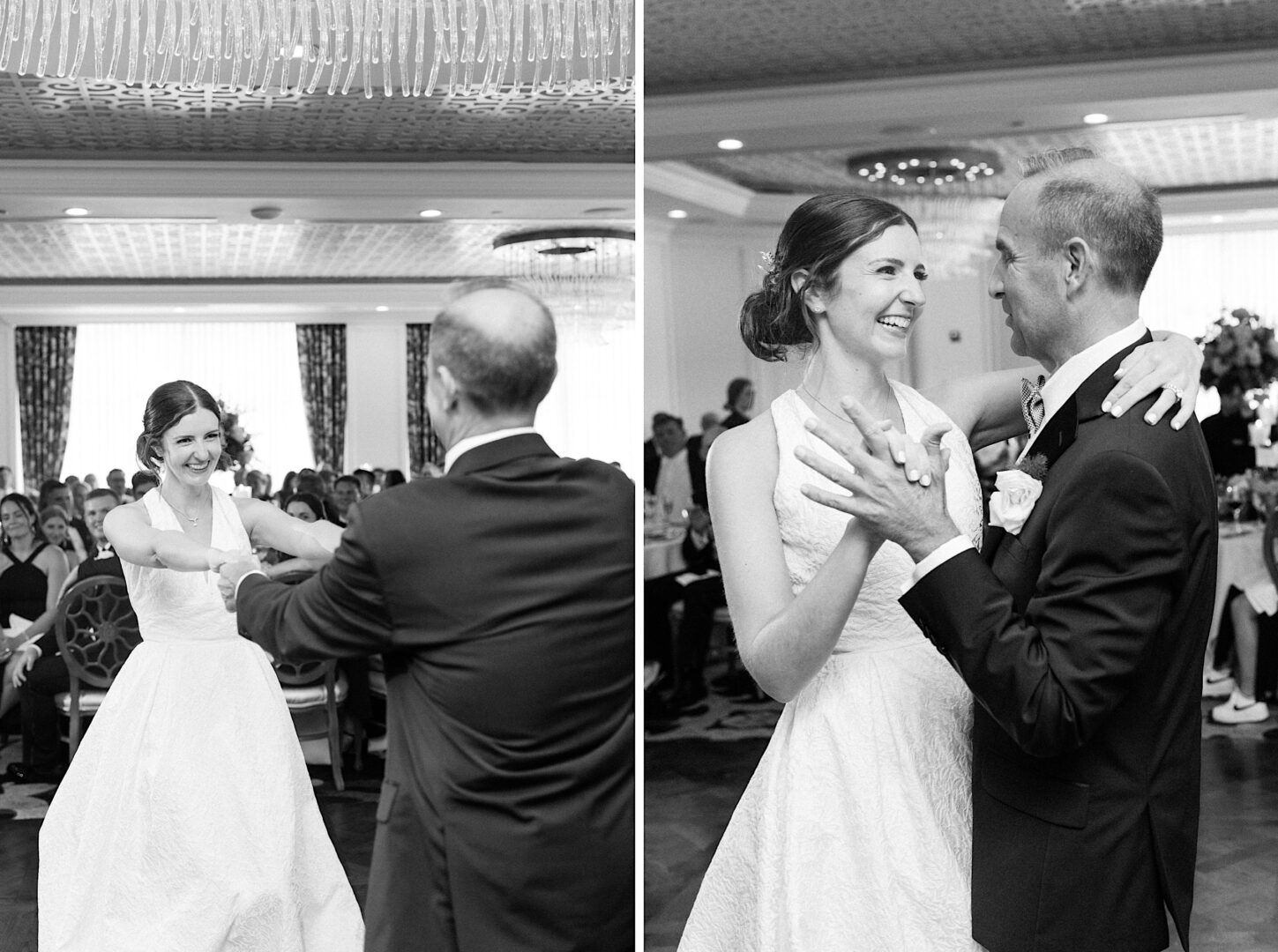 At an Overbrook Golf Club Wedding in Philadelphia, a bride and an older man, both smiling, are dancing in front of seated guests. One image shows them holding hands, while the other captures them smiling and facing each other closely.