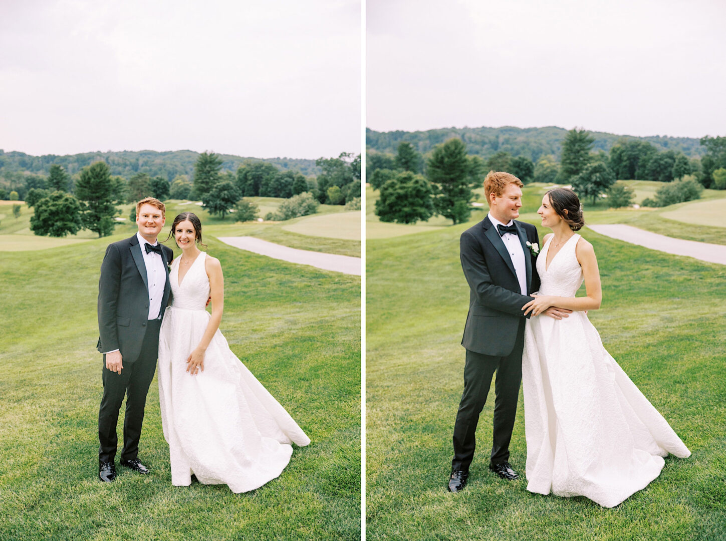 A couple in formal attire poses outdoors on a grassy area with scenic hills in the background, reminiscent of an Overbrook Golf Club Wedding near Philadelphia. The man wears a black tuxedo, and the woman wears a white gown. They hold hands and smile at each other.