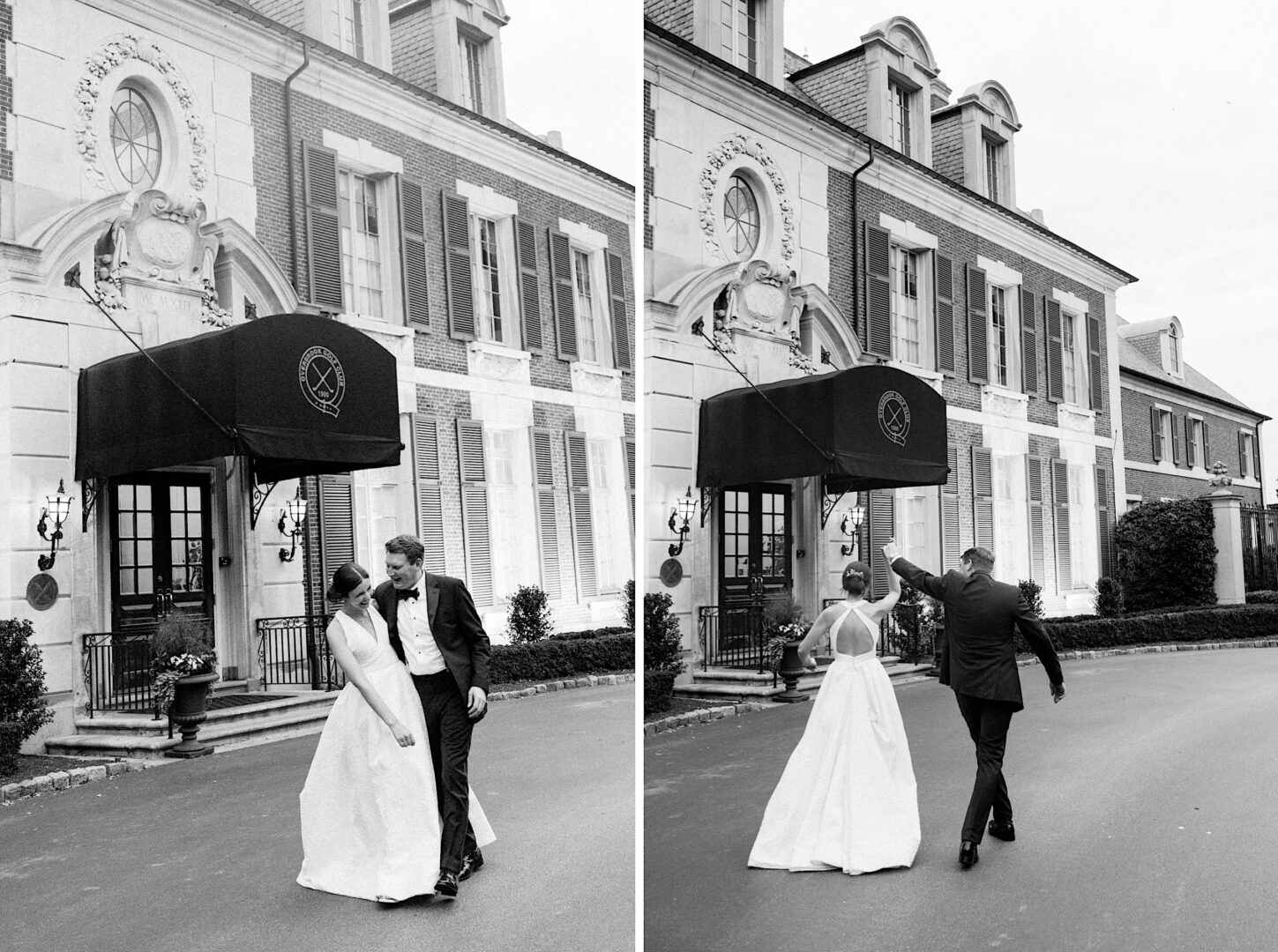 A couple dressed in formal attire walks arm in arm and then dances outside a grand building with an awning. The Philadelphia venue features large windows and ornate architectural details, setting the perfect backdrop for their Overbrook Golf Club wedding.