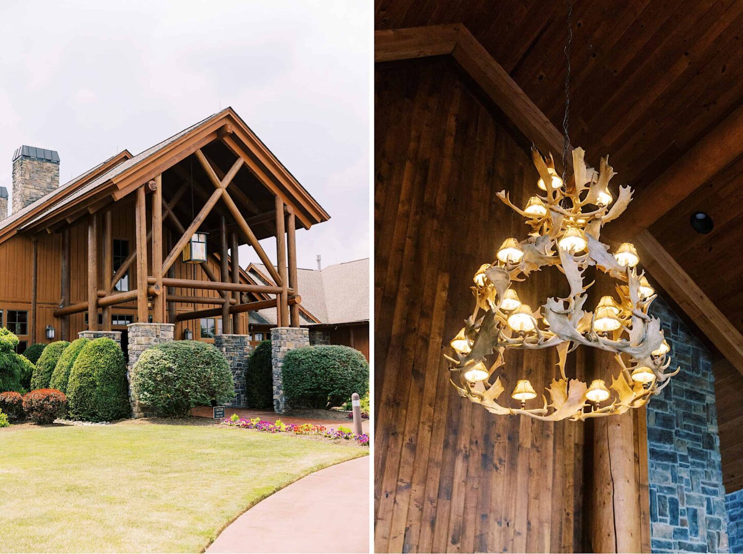 Left: Exterior of a wooden lodge with manicured shrubs and lawn at The Ridge at Back Brook. Right: Interior wooden ceiling with an antler chandelier.