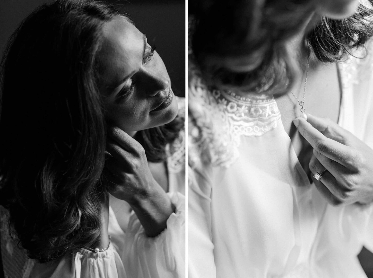 Black and white diptych of a woman. On the left, she adjusts her earring, and on the right, she holds a necklace pendant, displaying her ring and lace-trimmed clothing. Captured during a wedding at The Ridge at Back Brook in New Jersey.