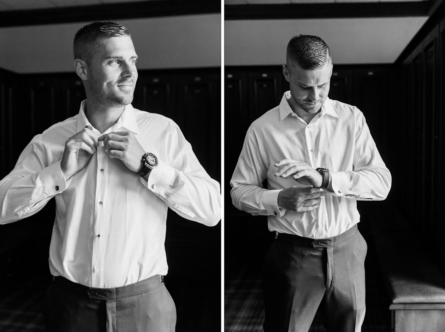 Black and white diptych of a man wearing a white dress shirt. In the left image, he adjusts his collar; in the right image, he looks at his watch, perhaps readying himself for an elegant evening at The Ridge at Back Brook Country Club in New Jersey.