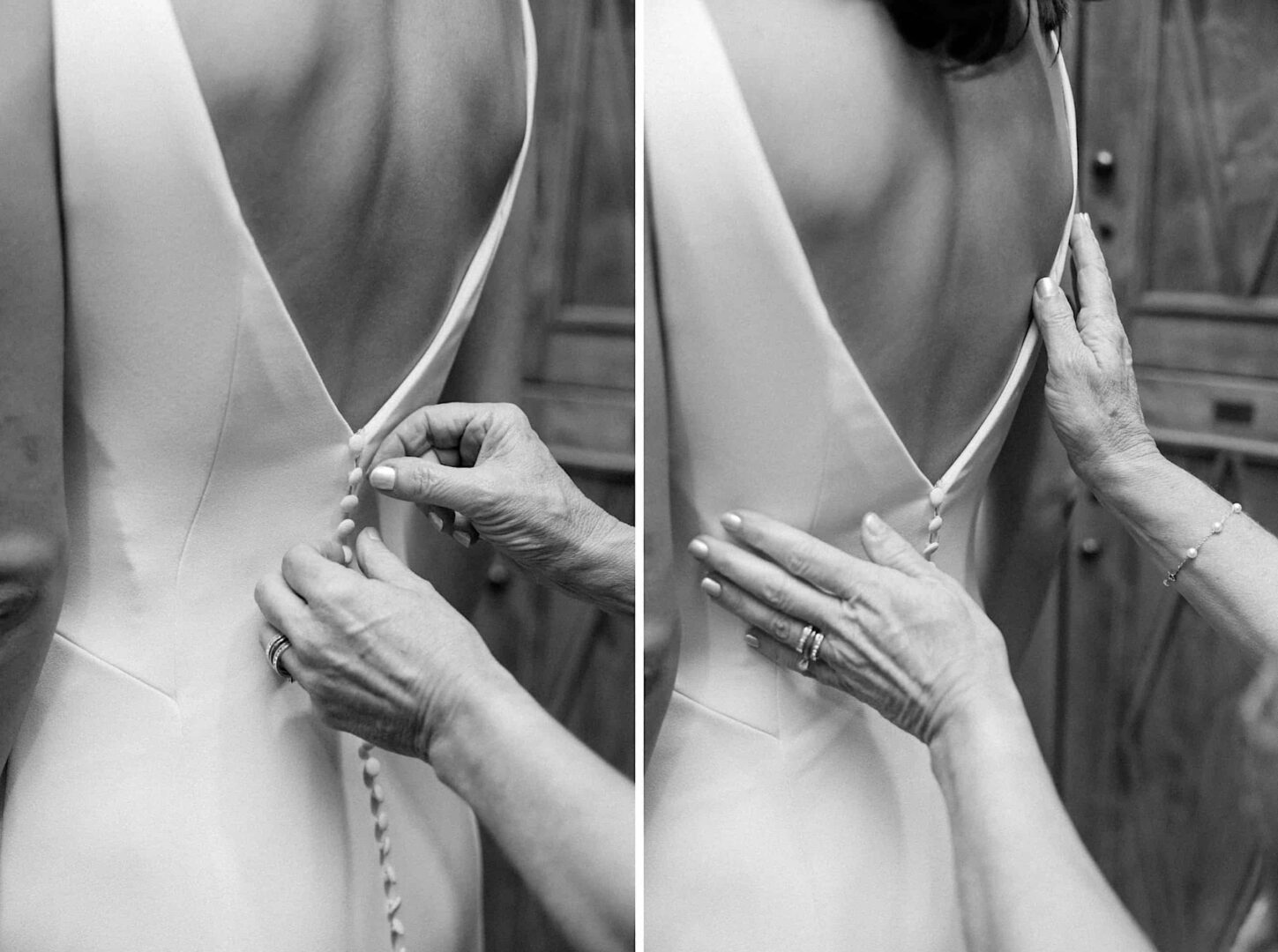 A close-up, black-and-white photo captures a woman at The Ridge at Back Brook, New Jersey, getting buttons on the back of her dress fastened by another person.