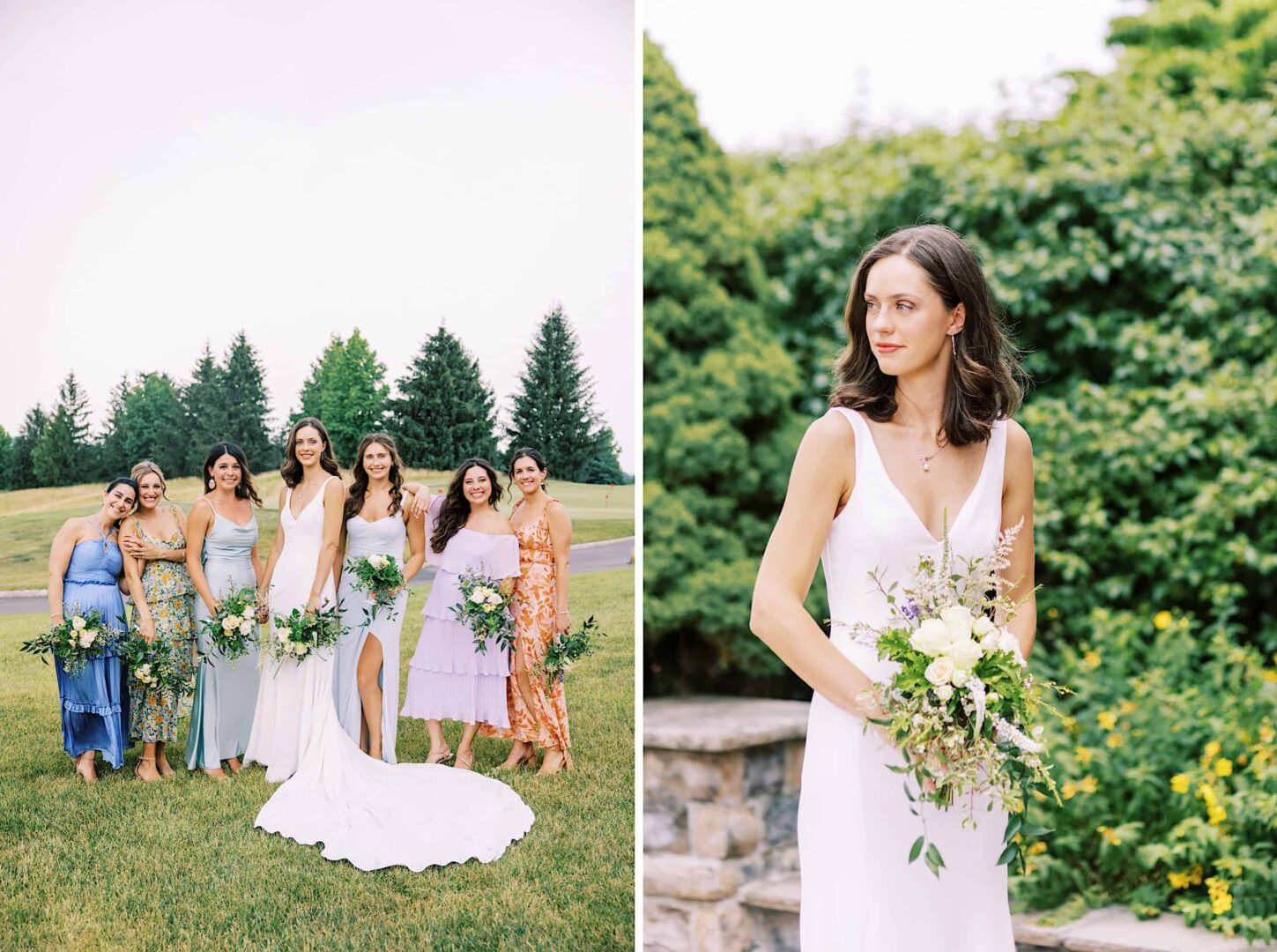 A bride and her bridesmaids pose outdoors at The Ridge at Back Brook in New Jersey. The bride wears a white dress and holds a bouquet of flowers, while her bridesmaids dazzle in pastel-colored dresses. The scenic background is graced with lush greenery and towering trees, perfect for a wedding.