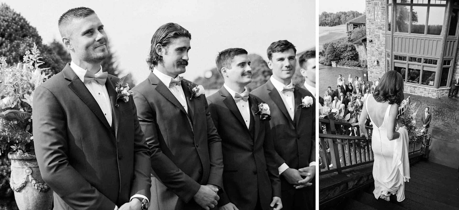 Black and white photo diptych: Four groomsmen in suits stand next to each other outside at The Ridge at Back Brook, while on the right, a woman in a white dress descends an outdoor staircase, perfectly capturing the elegance of this New Jersey country club.