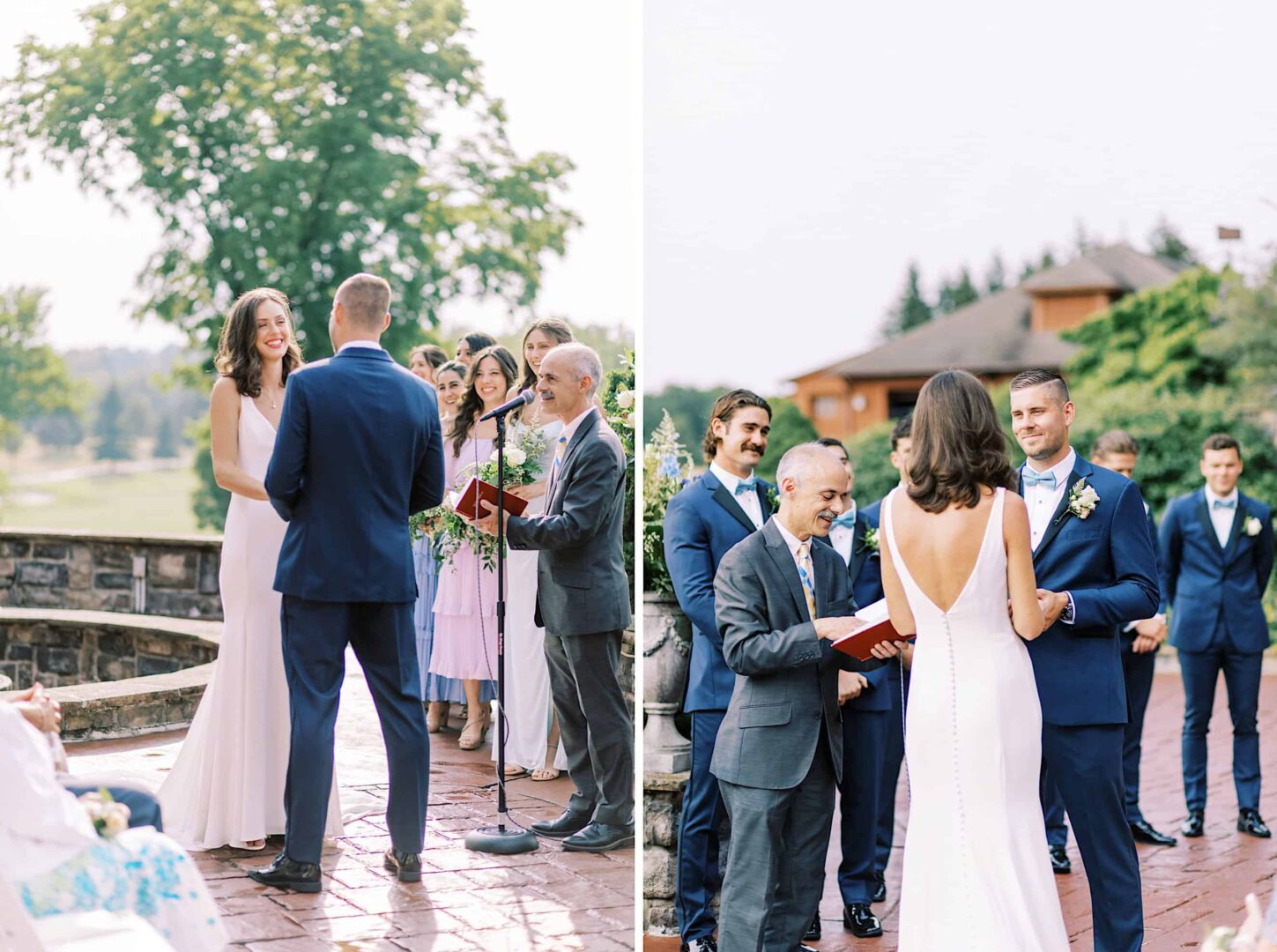 A couple stands facing each other during an outdoor wedding ceremony at The Ridge at Back Brook in New Jersey. A person officiates, and guests, including a group of groomsmen, are seen smiling and watching.