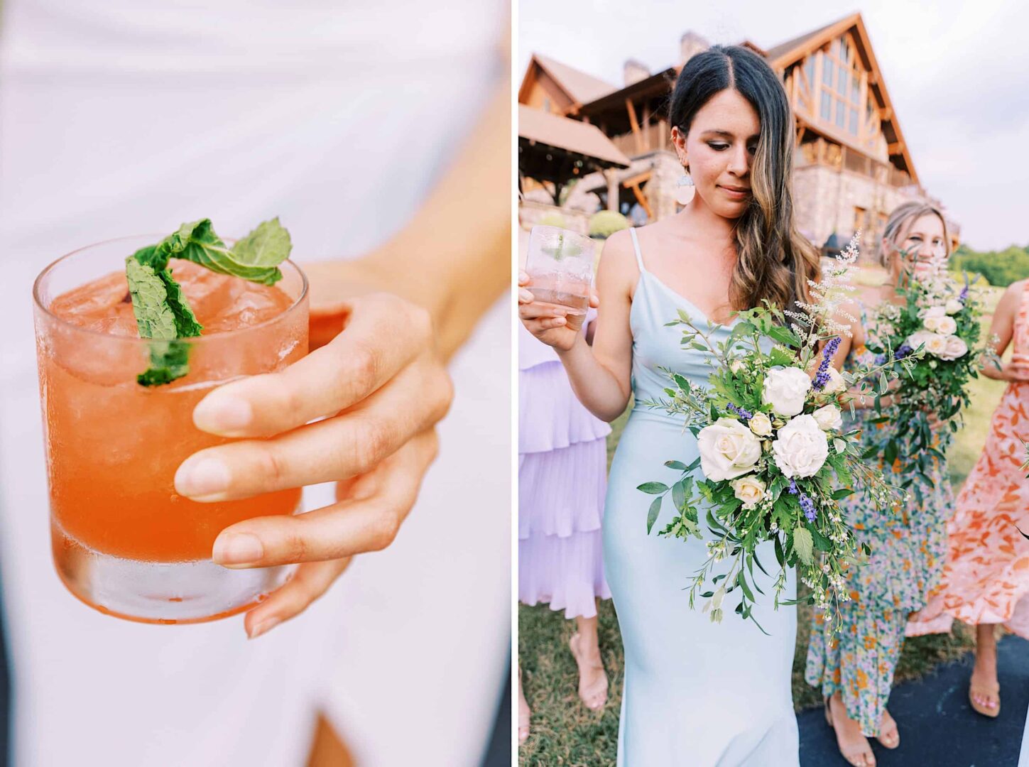 A woman in a light blue dress holds a bouquet of flowers and a drink at a country club wedding. Another image shows a close-up of a hand holding a red cocktail with a mint garnish. A house with a wooden exterior, possibly The Ridge at Back Brook, is visible in the background.