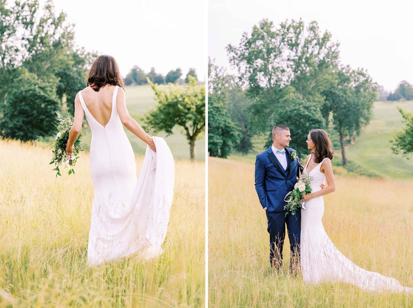 A bride in a white dress and a groom in a navy suit pose in a grassy field at The Ridge at Back Brook, with trees in the background, capturing the serene beauty of this New Jersey country club.