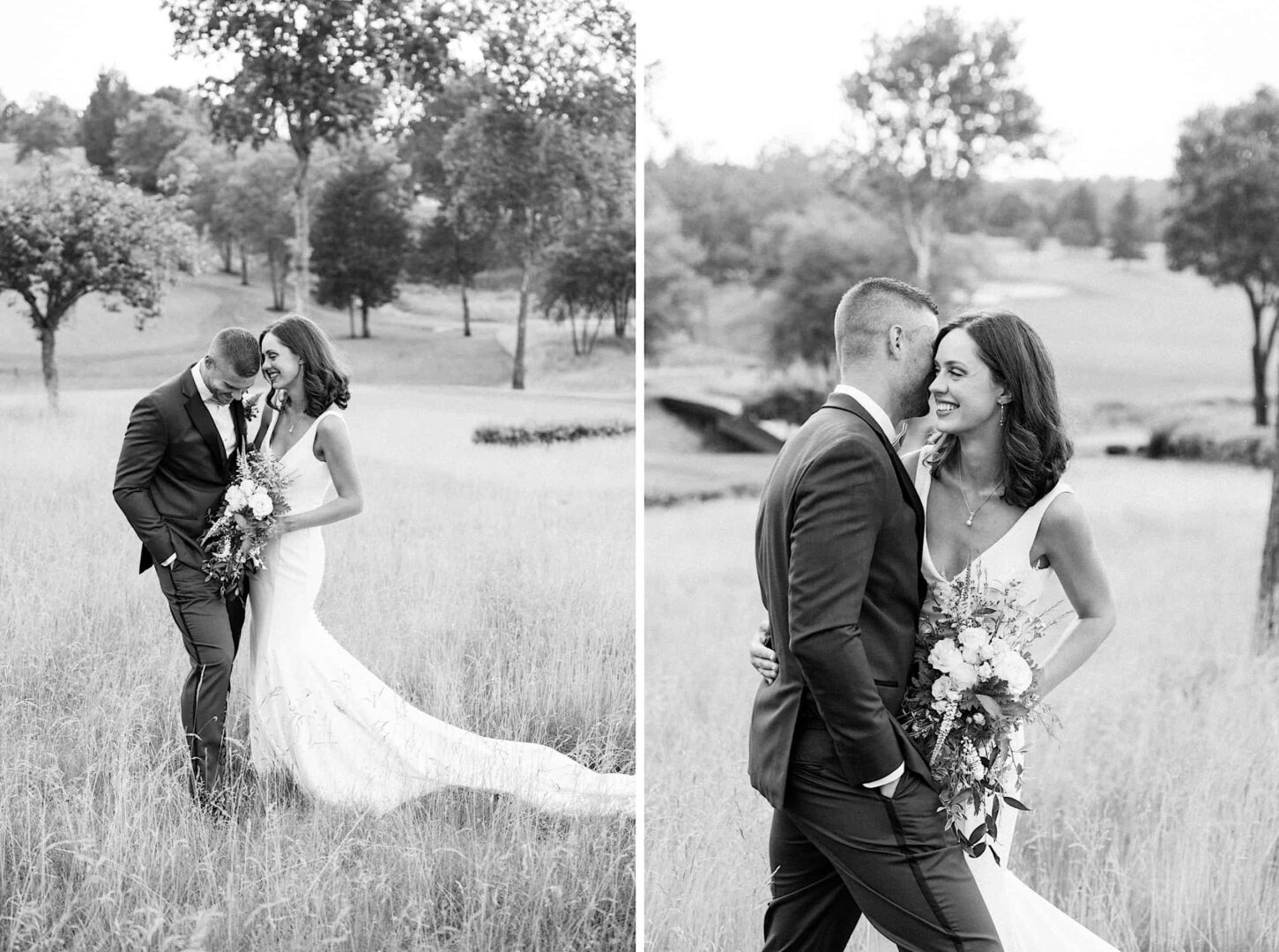 A couple, dressed in wedding attire, stand closely in a grassy field at The Ridge at Back Brook. They are smiling and embracing each other, with trees and open space in the New Jersey background.