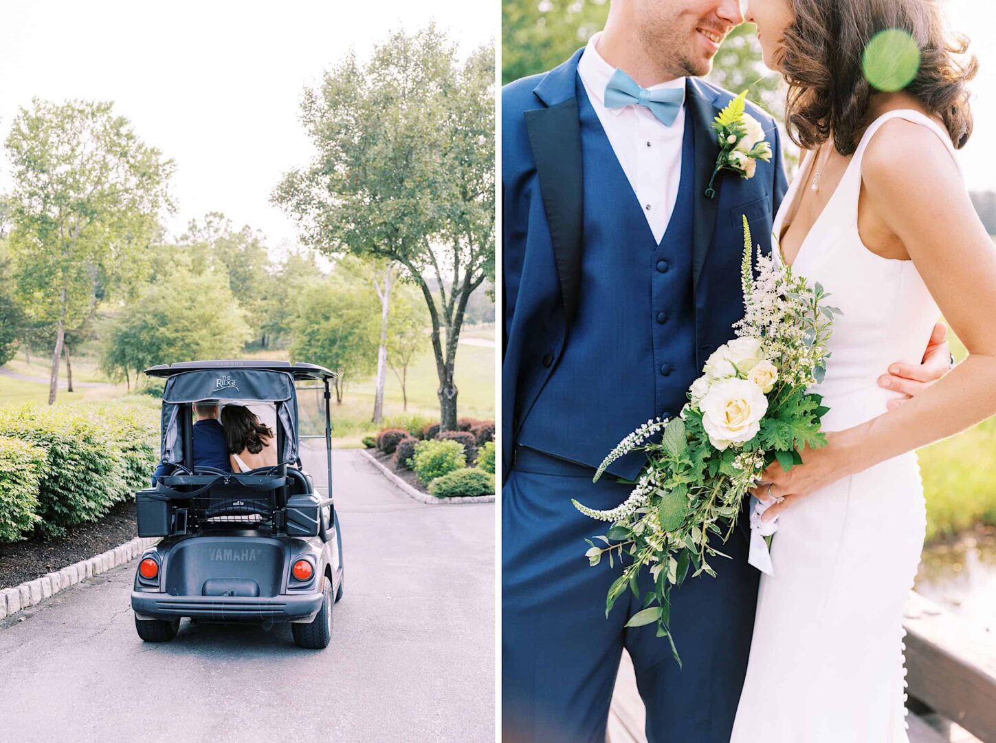 Left: A couple drives away in a golf cart at a picturesque New Jersey country club. Right: Close-up of a couple embracing, the bride holding a bouquet of white roses and greenery, celebrating their wedding day.