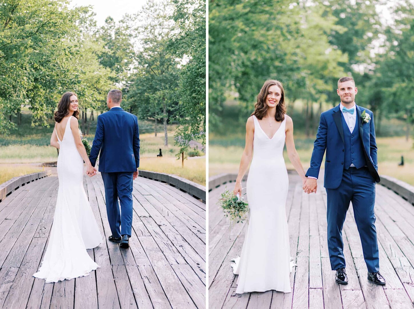 A bride and groom in wedding attire stand on a wooden walkway outdoors at a beautiful New Jersey country club, holding hands and facing away in one photo, and towards the camera in the second. The bride holds a bouquet.