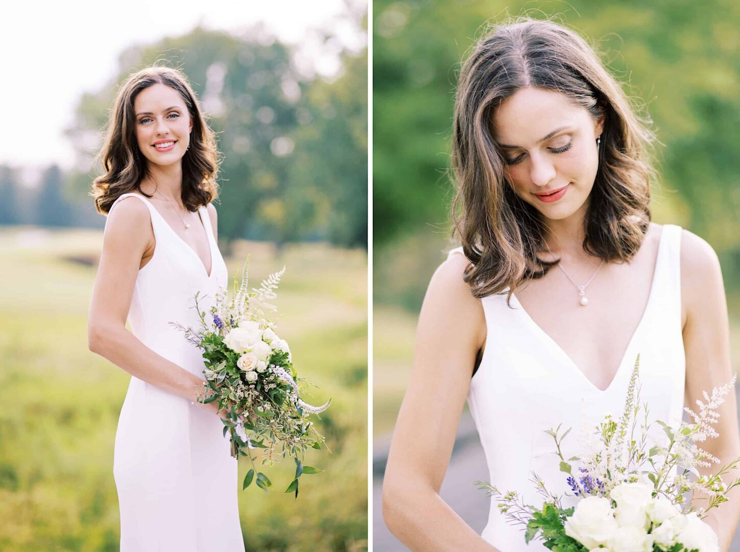 A woman in a white dress holds a bouquet of flowers in an outdoor setting with greenery at The Ridge at Back Brook, New Jersey. The image is split into two shots, one showing her smiling and the other with her looking down at the bouquet, capturing the essence of her wedding day.