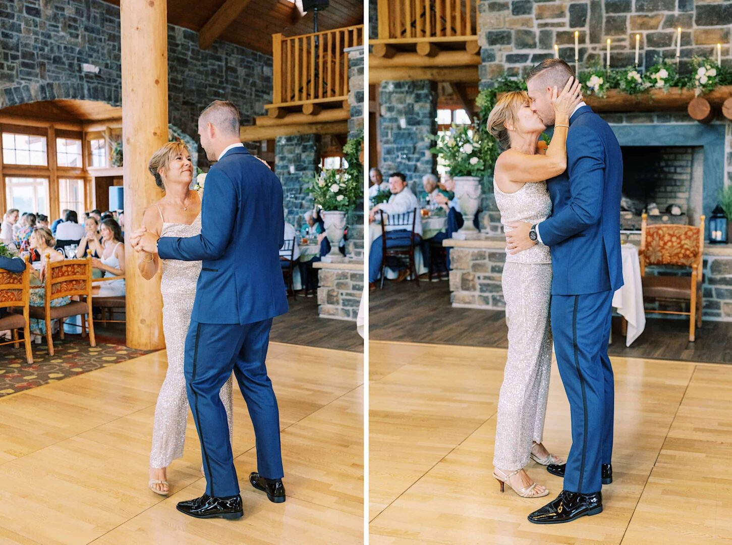 A couple dances on a wooden floor in front of a stone fireplace at The Ridge at Back Brook Country Club, surrounded by guests seated at tables. The man wears a blue suit and the woman a sparkling outfit. They kiss in the second image.