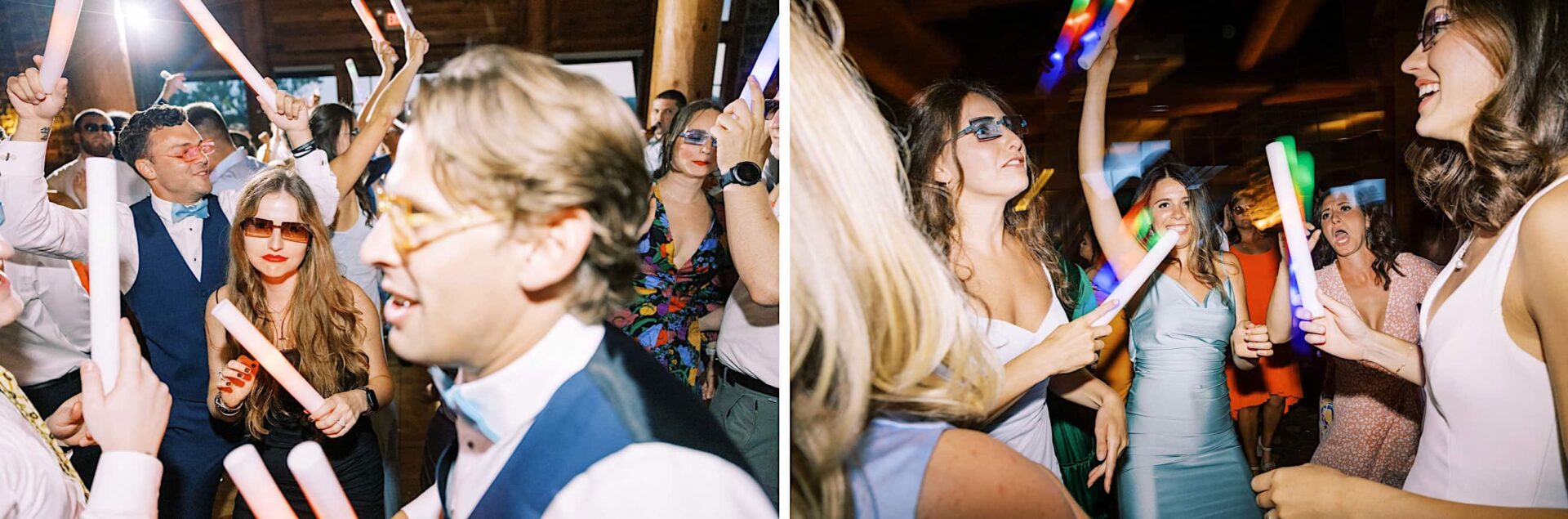 A lively wedding party at a New Jersey country club, where guests in festive outfits and sunglasses are holding glowing light sticks and dancing energetically.