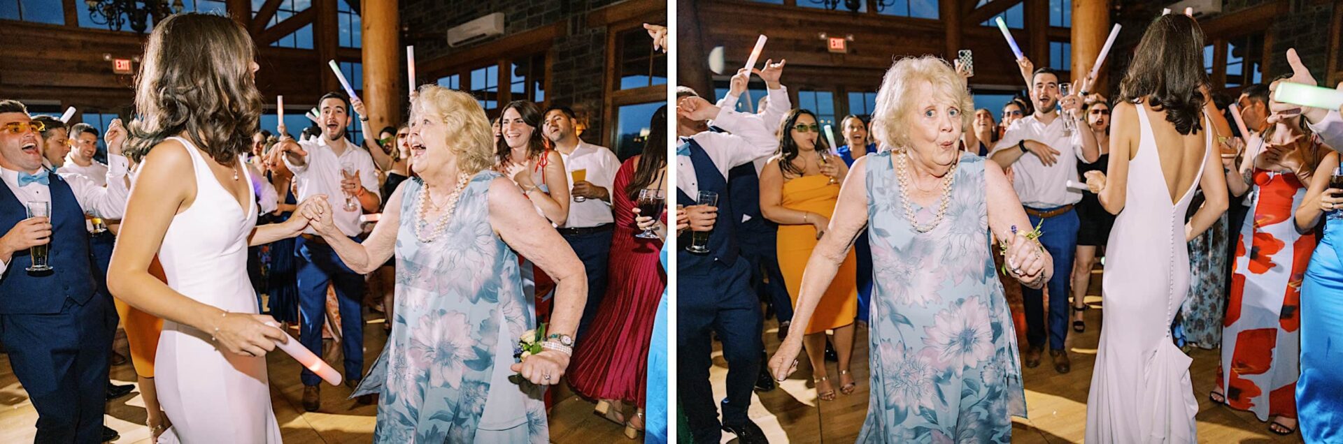 An elderly woman dances with a younger woman in a white dress at a lively party at The Ridge at Back Brook Country Club in New Jersey, with guests enjoying themselves and waving glow sticks in the background.