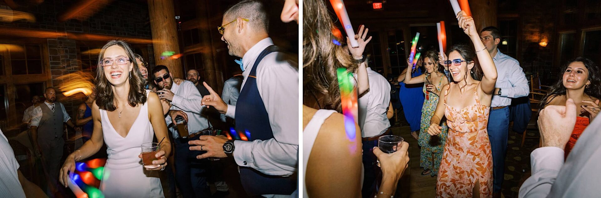 People dancing and holding drinks at a lively wedding reception with colorful lights at The Ridge at Back Brook in New Jersey.