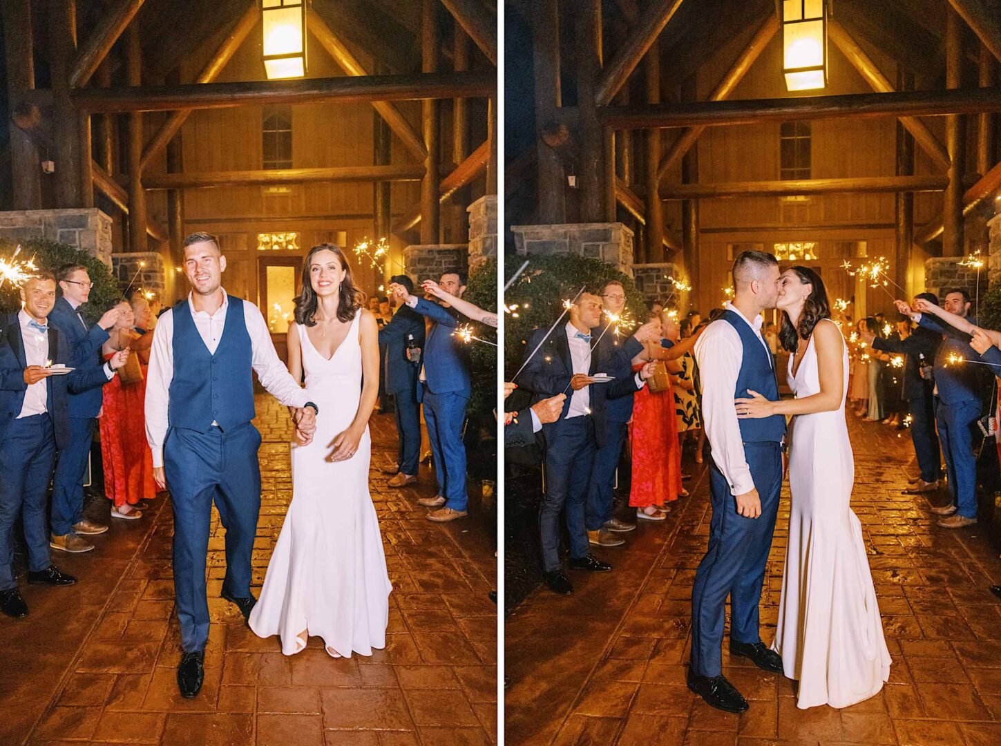 A newlywed couple walks down an aisle lined with guests holding sparklers at The Ridge at Back Brook in New Jersey, followed by a moment where they kiss under the sparklers.