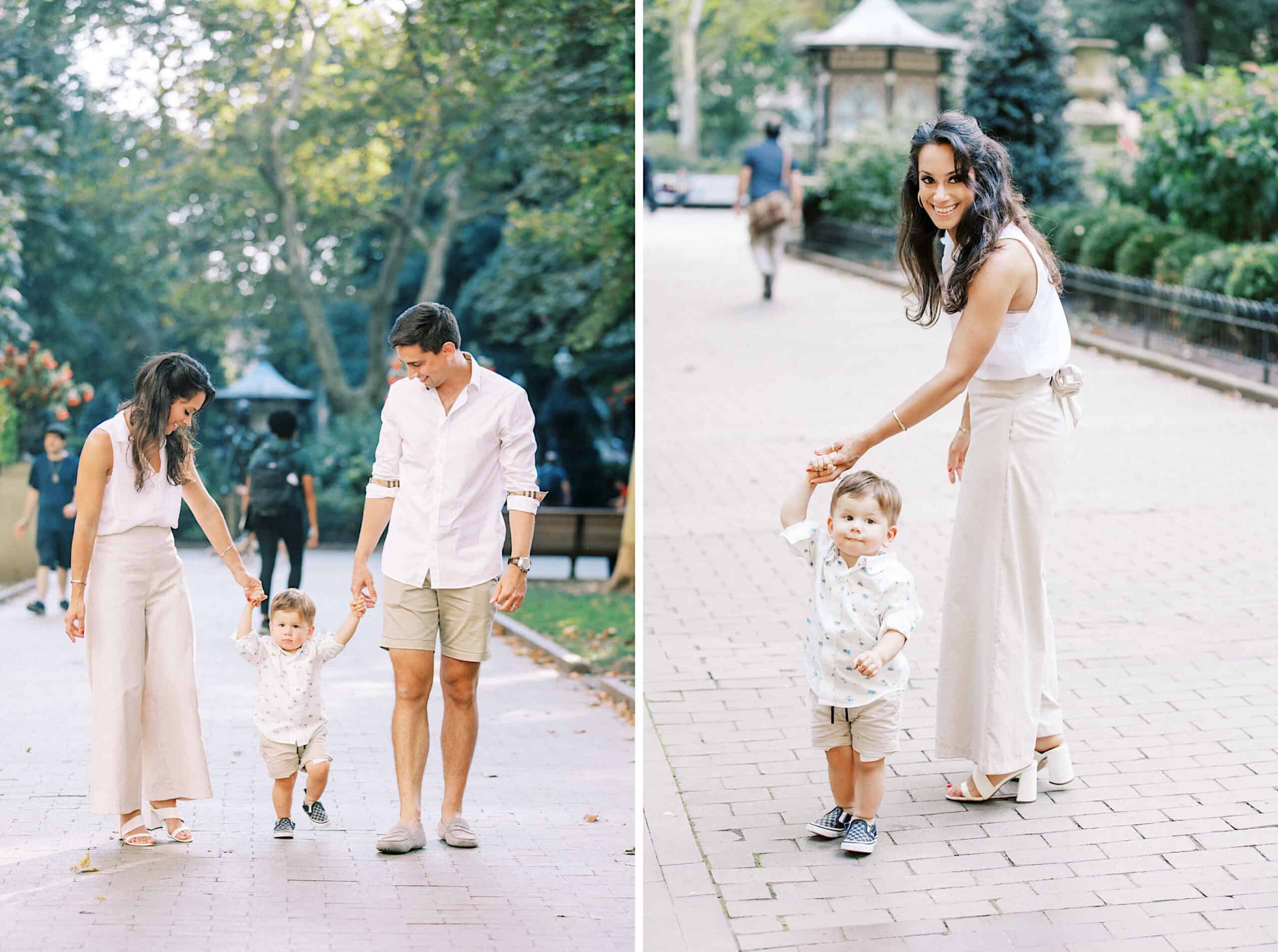 A woman and a man walk in Rittenhouse Square holding hands with a young child; in another photo, the woman strolls through the park with the child, capturing sweet family photos at Rittenhouse Square.