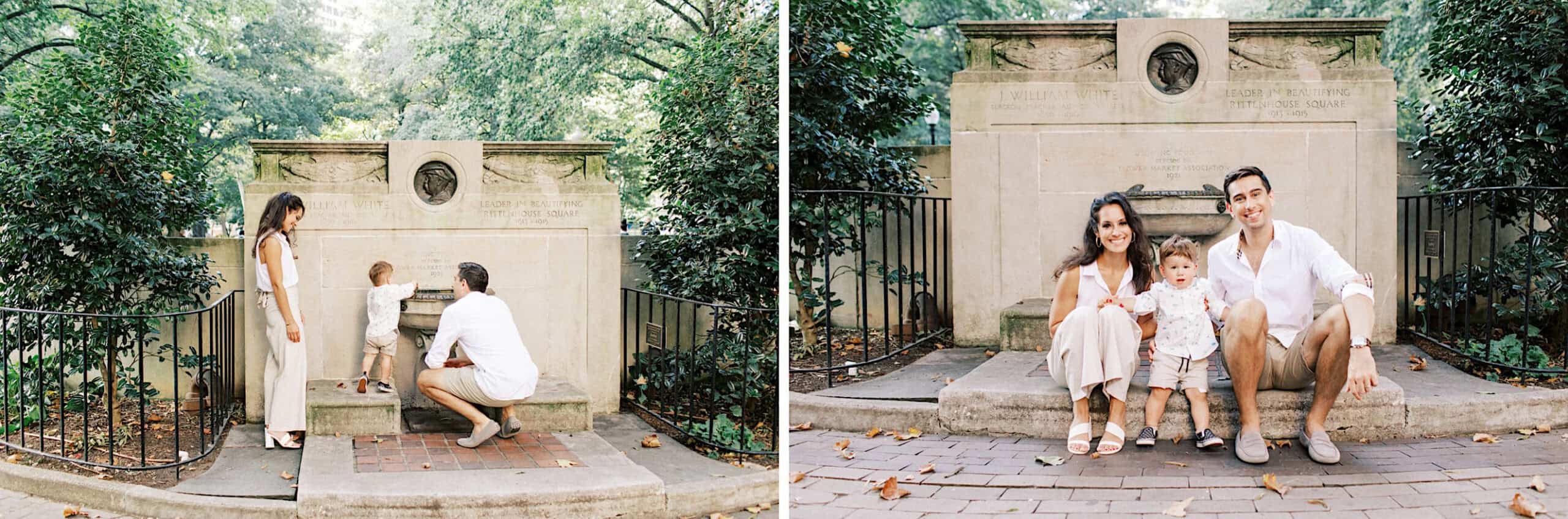 A family of three enjoys family photos at Rittenhouse Square; in one shot, they interact with the stone fountain, while in another, they sit together in front of it, smiling at the camera.