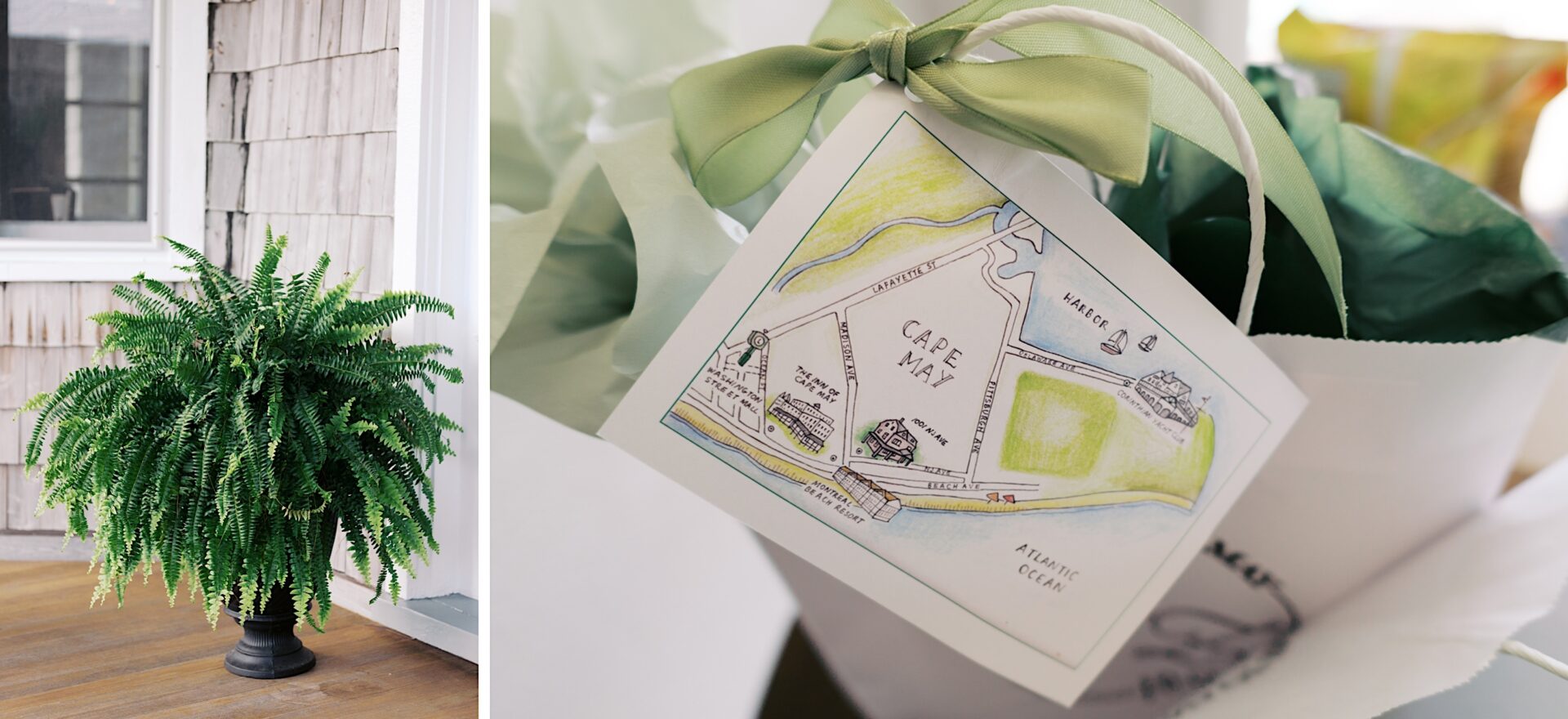 A potted fern sits on a porch next to a wrapped gift with a map of Cape May attached, tied with a green ribbon—a charming nod to the elegance of a Corinthian Yacht Club of Cape May wedding.