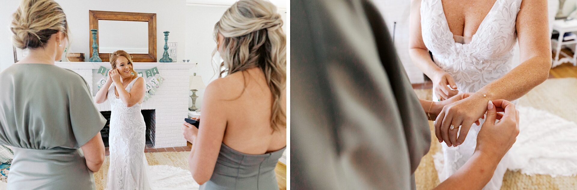 At a Corinthian Yacht Club of Cape May wedding, a bride in a white dress adjusts her earring while two women in sage dresses assist. A close-up captures the moment as a bracelet is secured on her wrist, adding an elegant finishing touch.