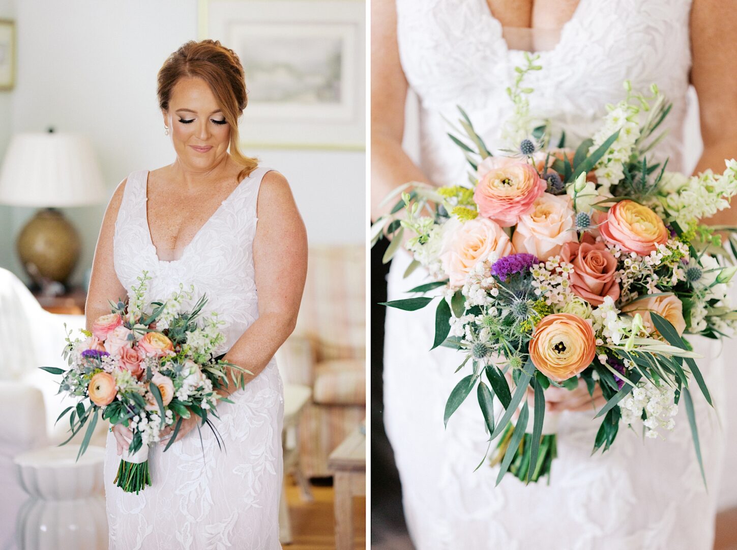 Woman in a white lace dress holding a bouquet of pink and orange flowers with greenery, standing indoors at the Corinthian Yacht Club of Cape May wedding.