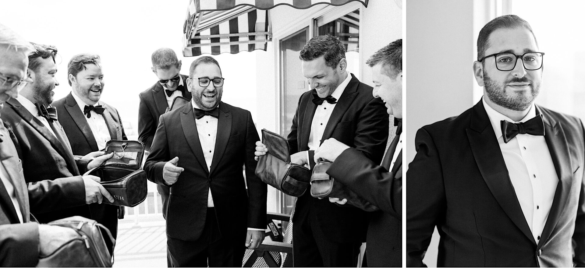 A group of men in suits and bow ties stand together at the Corinthian Yacht Club of Cape May wedding, smiling and holding gifts. One man is shown separately on the right, looking ahead.