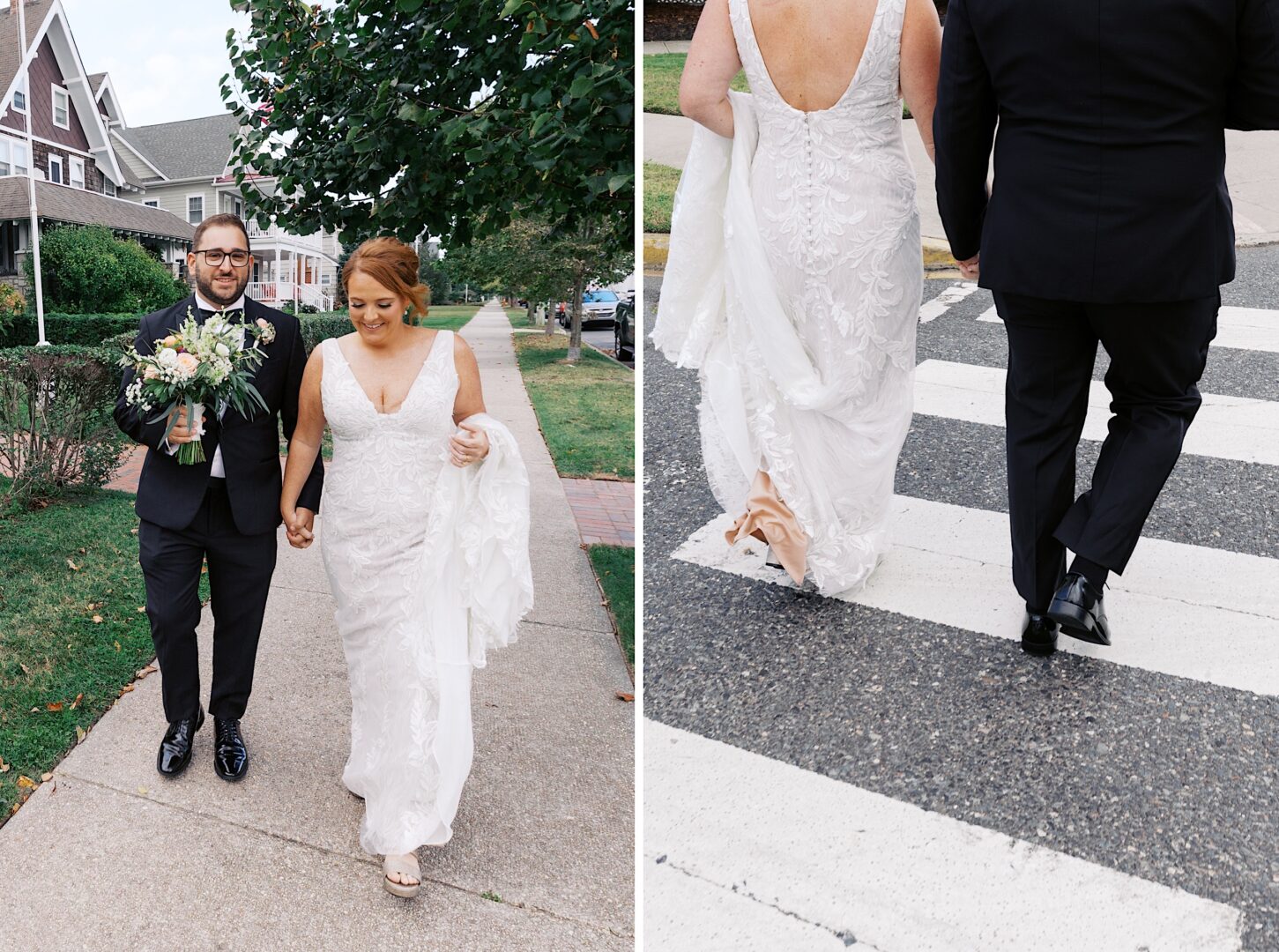 A couple in wedding attire holds hands while walking outdoors at the Corinthian Yacht Club of Cape May, the bride carrying a bouquet.