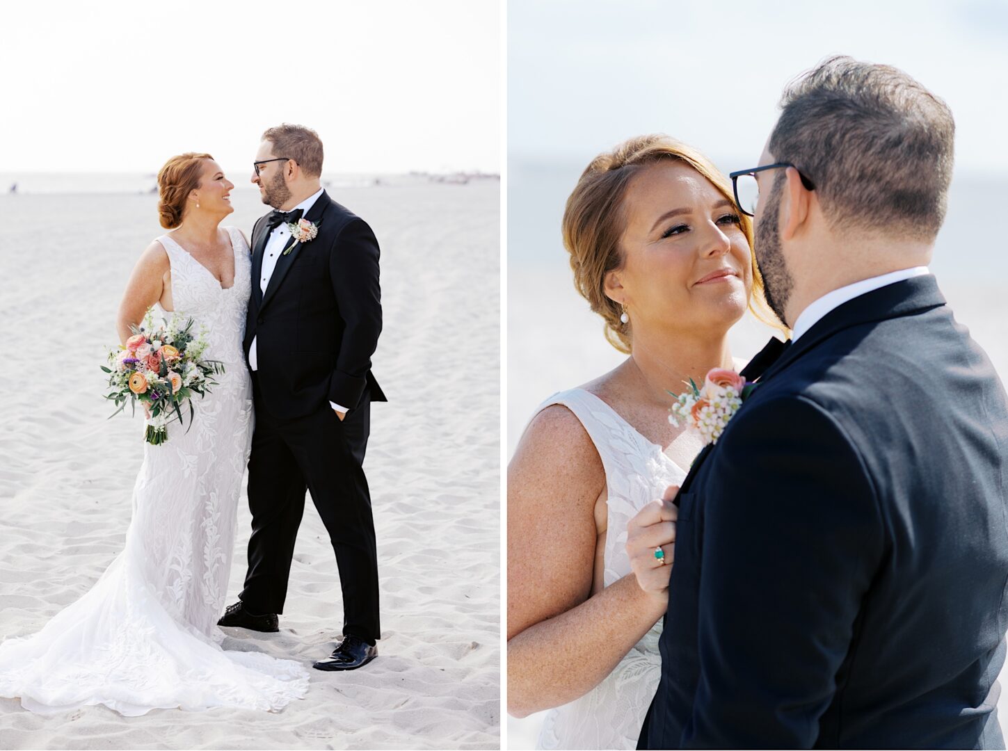 A couple in wedding attire stands on the beach, with the Corinthian Yacht Club of Cape May wedding vibe in the air; the bride elegantly holds a beautiful bouquet.