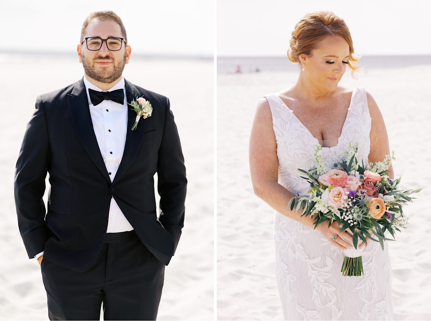 A man in a tuxedo and a woman in a white dress holding a bouquet stand separately on a beach, capturing the elegance of a Corinthian Yacht Club of Cape May wedding.