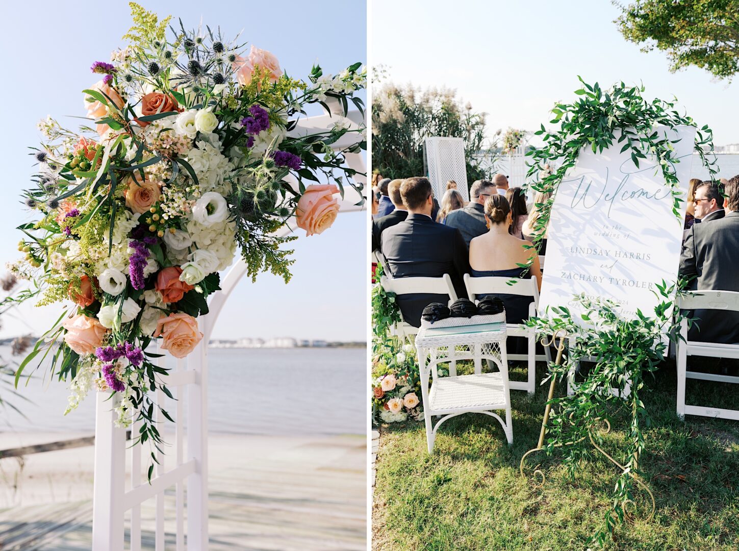 A stunning Corinthian Yacht Club of Cape May wedding unfolds with a floral arch overlooking the water on the left, while a picturesque ceremony setup with white chairs and a welcoming sign awaits guests on the right.