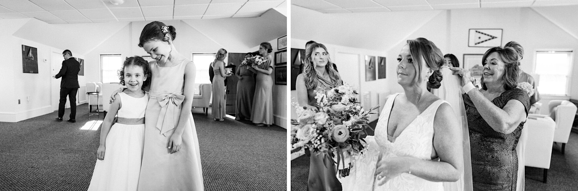 Two black and white photos: on the left, two girls in dresses smiling; on the right, two women preparing for a Corinthian Yacht Club of Cape May wedding, with one adjusting the other's hair while others stand in the background.