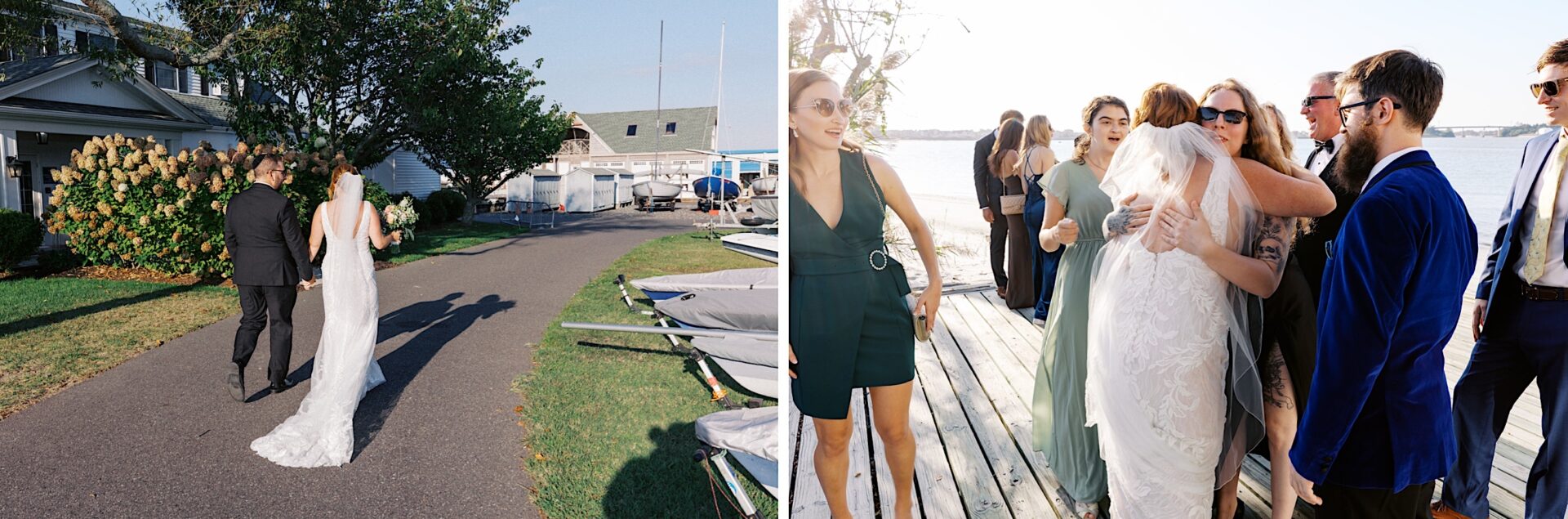 On the left, a couple walks hand in hand outdoors in daylight. On the right, at the picturesque Corinthian Yacht Club of Cape May, a bride is warmly embraced by guests at the waterfront venue.