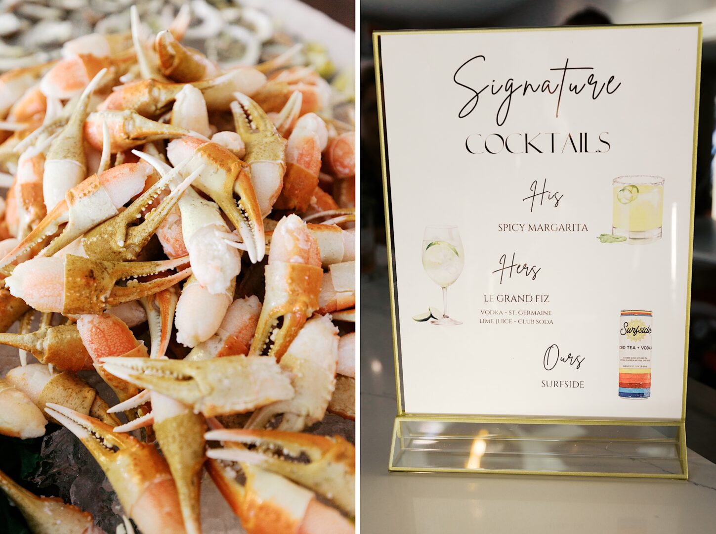 A pile of crab legs sits on the left, reminiscent of a Corinthian Yacht Club of Cape May wedding feast. On the right, a menu lists signature cocktails: Spicy Margarita, Le Grand Fiz, and Surfside featuring vodka and lemon-lime juice.