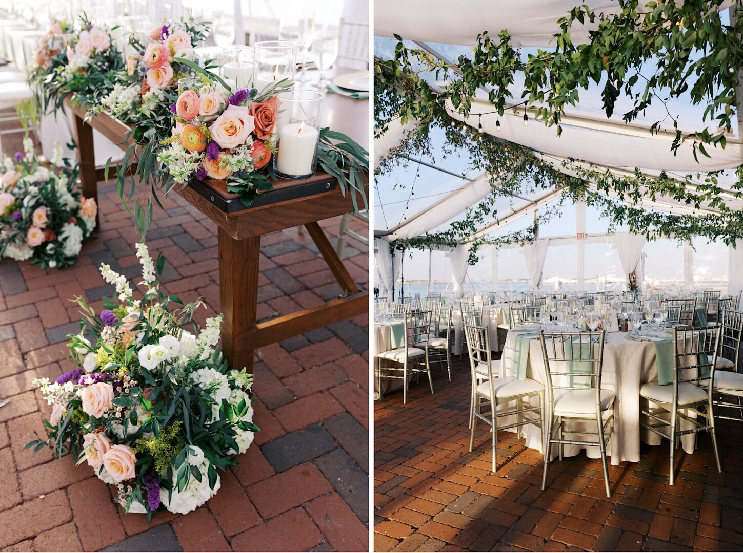 Floral arrangements grace a wooden table and chairs beneath a white canopy with hanging greenery, all set on a brick floor. The tables, dressed in white tablecloths and glassware, evoke the elegance of a Corinthian Yacht Club of Cape May wedding.