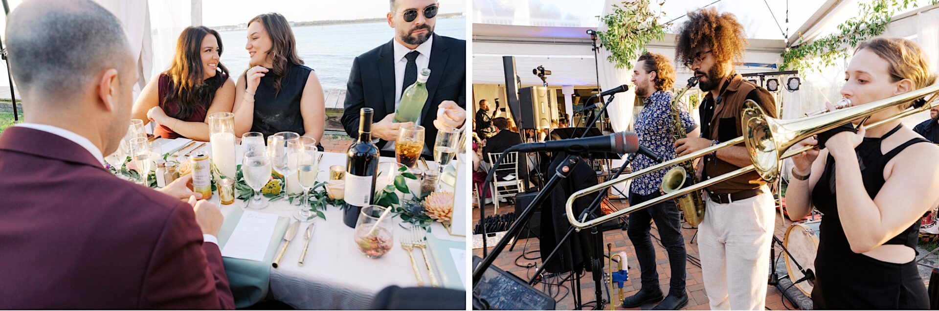 At a Corinthian Yacht Club of Cape May wedding, guests enjoy drinks and food on the left while a vibrant band with a saxophonist and trombonist sets the mood on the right.