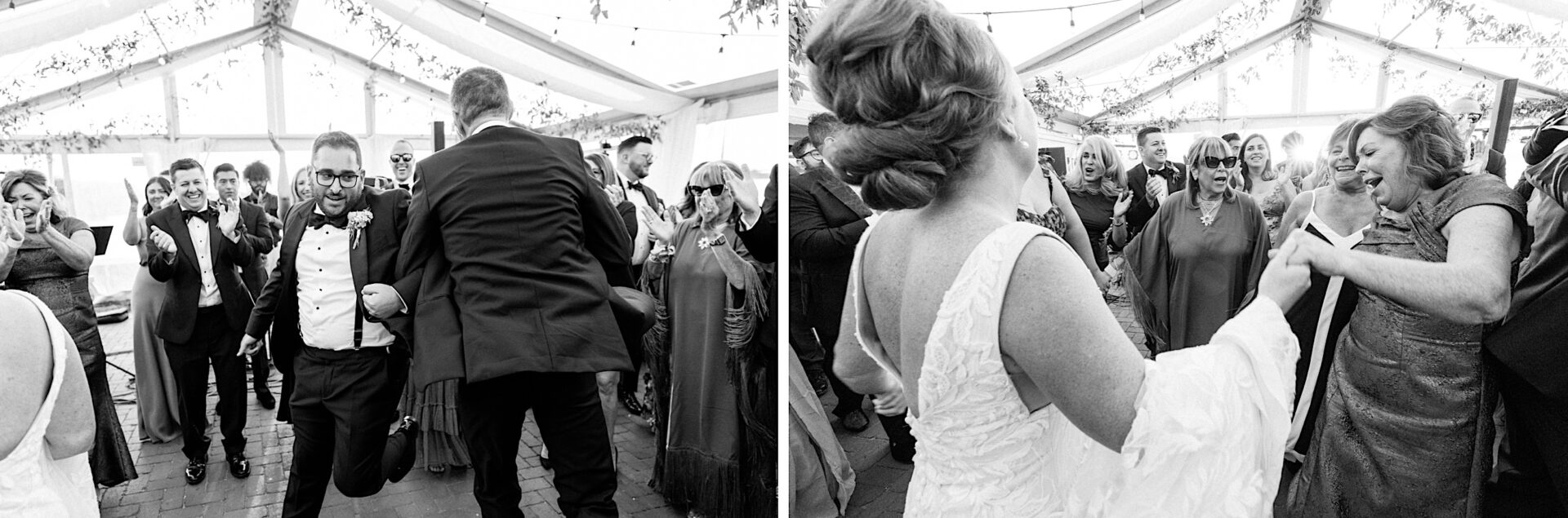 Black and white photo of people dancing energetically at a Corinthian Yacht Club of Cape May wedding. Guests in formal attire are enjoying the celebration under a canopy.