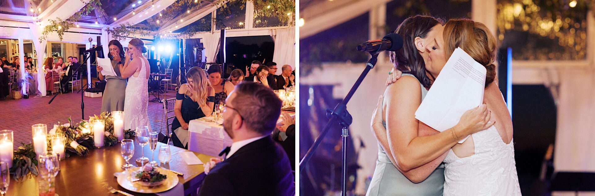 Two women in formal attire embrace and read from a paper at a Corinthian Yacht Club of Cape May wedding reception, with guests seated at tables under a tent.