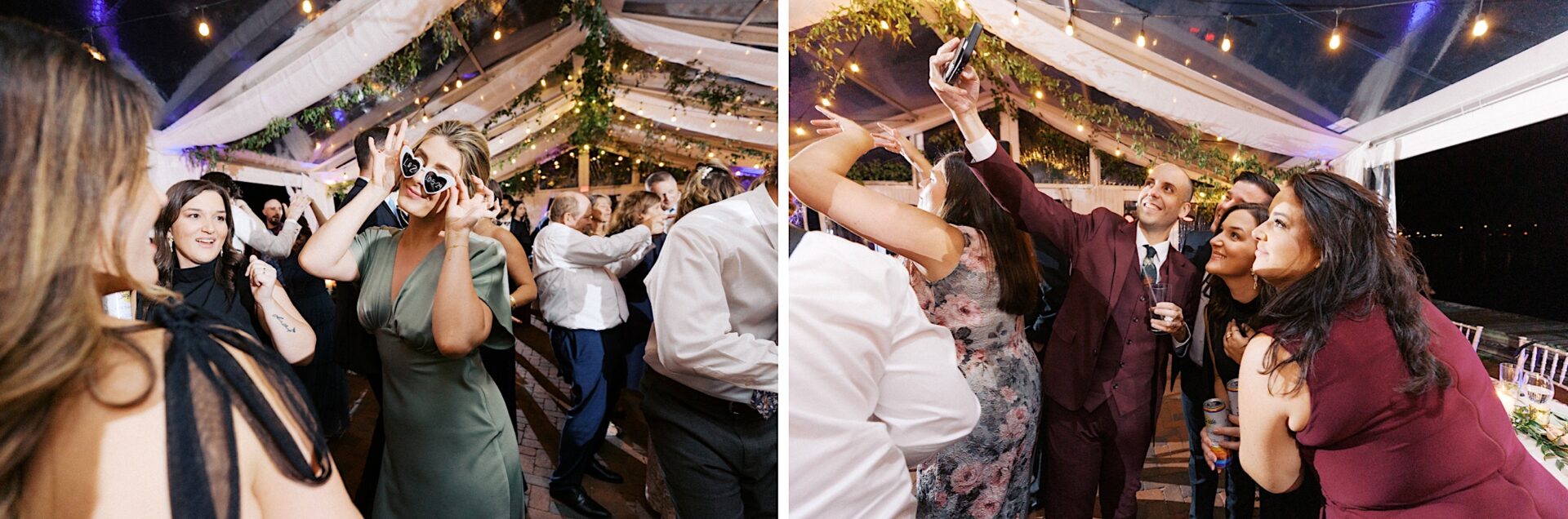 At a Corinthian Yacht Club of Cape May wedding, guests dance and snap selfies at a lively indoor event, surrounded by string lights and lush greenery décor under the tent.