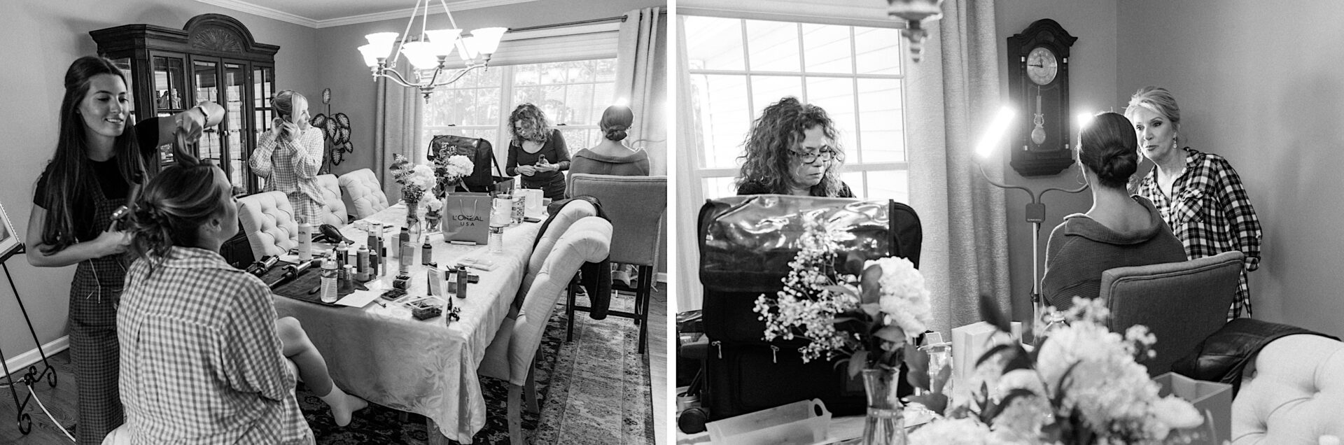 In two images, women gather in a cozy room at The Tilling House, immersed in hairstyling and makeup preparations for the upcoming wedding event.