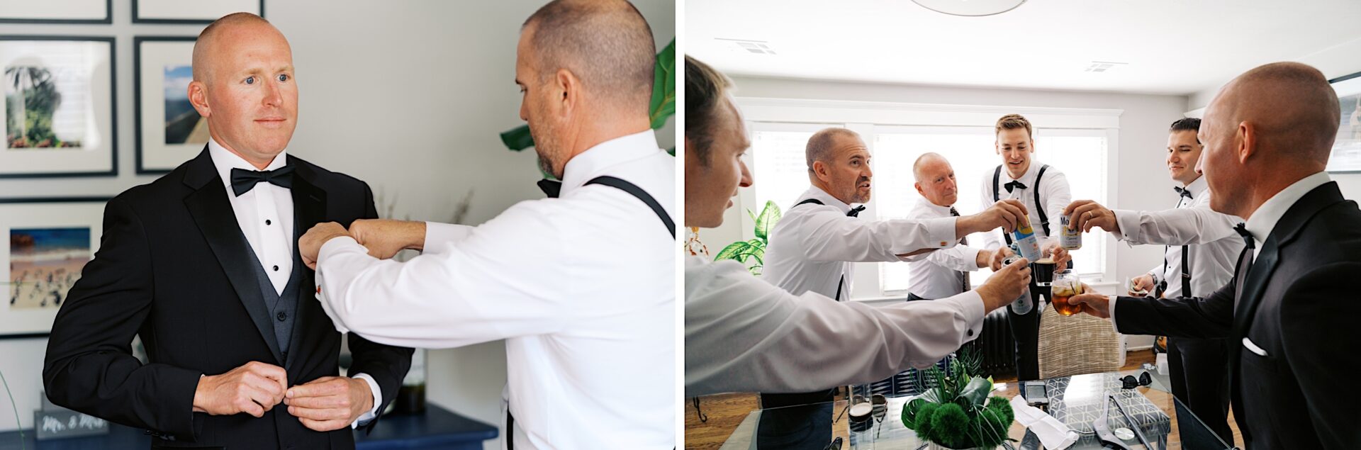 Two images capture moments from The Tilling House wedding. In the first, a group of men in tuxedos gather as one adjusts another's jacket. In the second, they raise glasses in a celebratory toast.