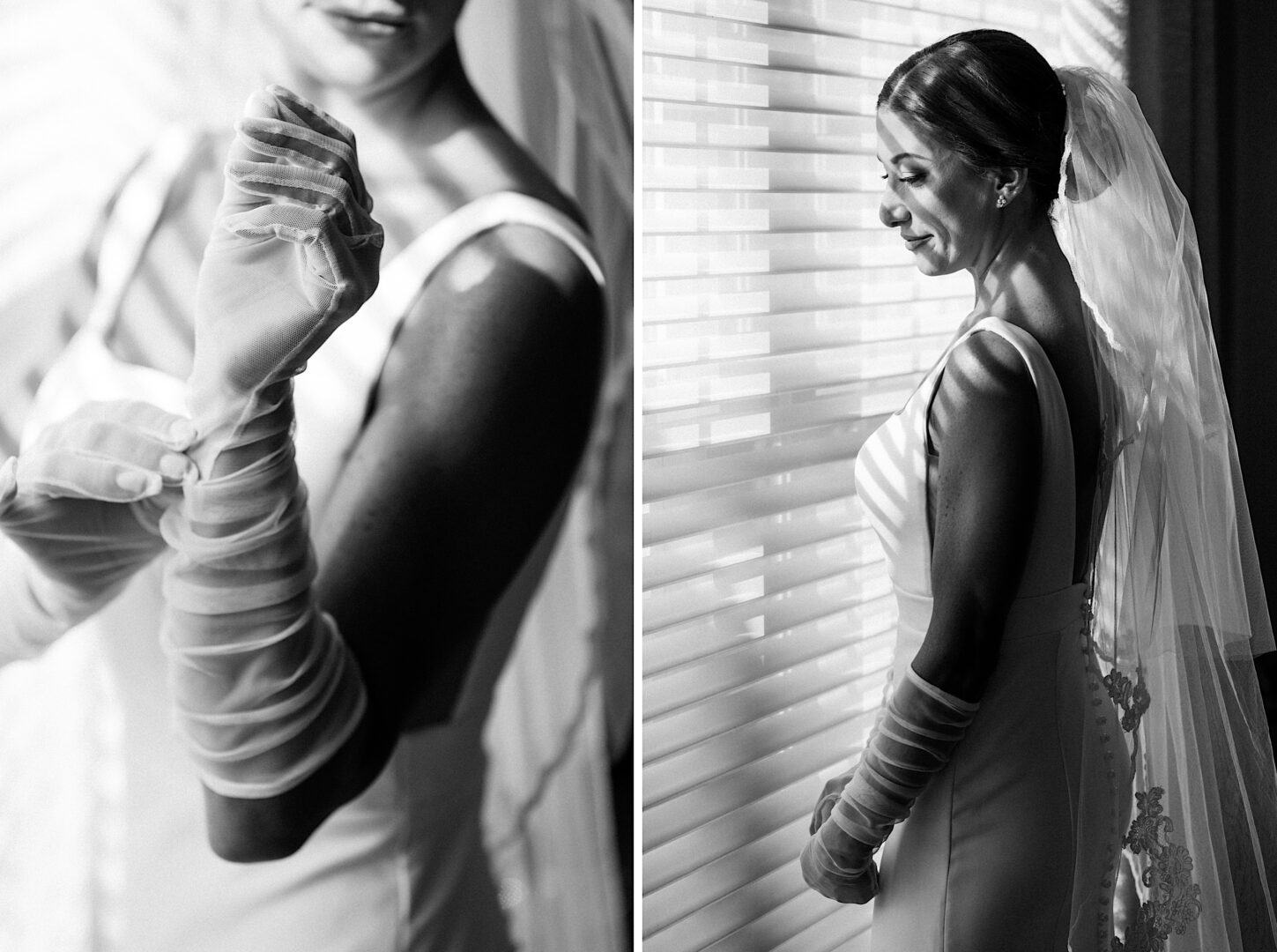 In a classic black and white image, captured at The Tilling House wedding, a bride in a sleeveless dress and veil elegantly adjusts her sheer gloves beside window blinds, exuding timeless grace.