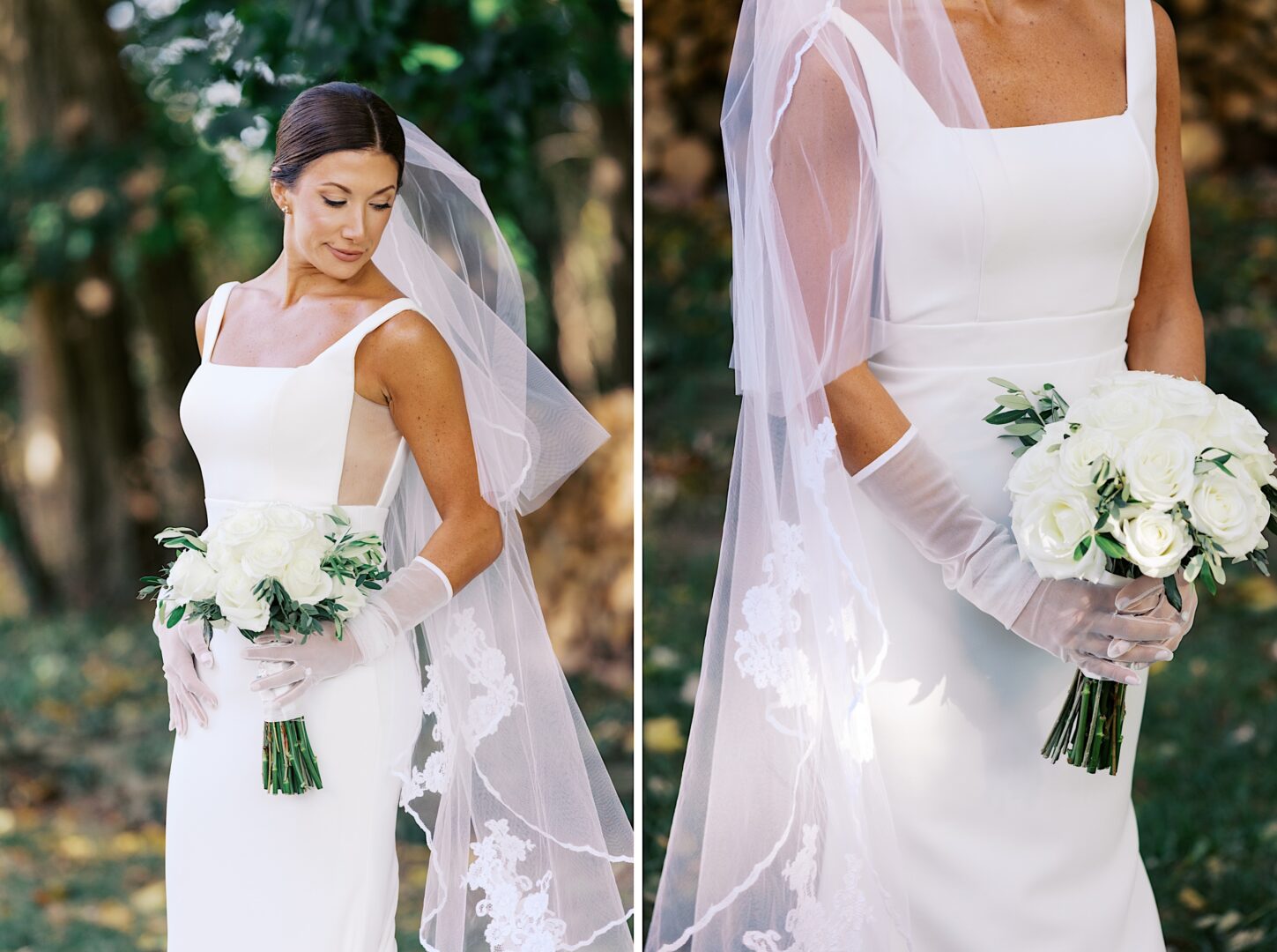 A bride in a white dress and veil holds a bouquet of white roses, standing outdoors at The Tilling House wedding.