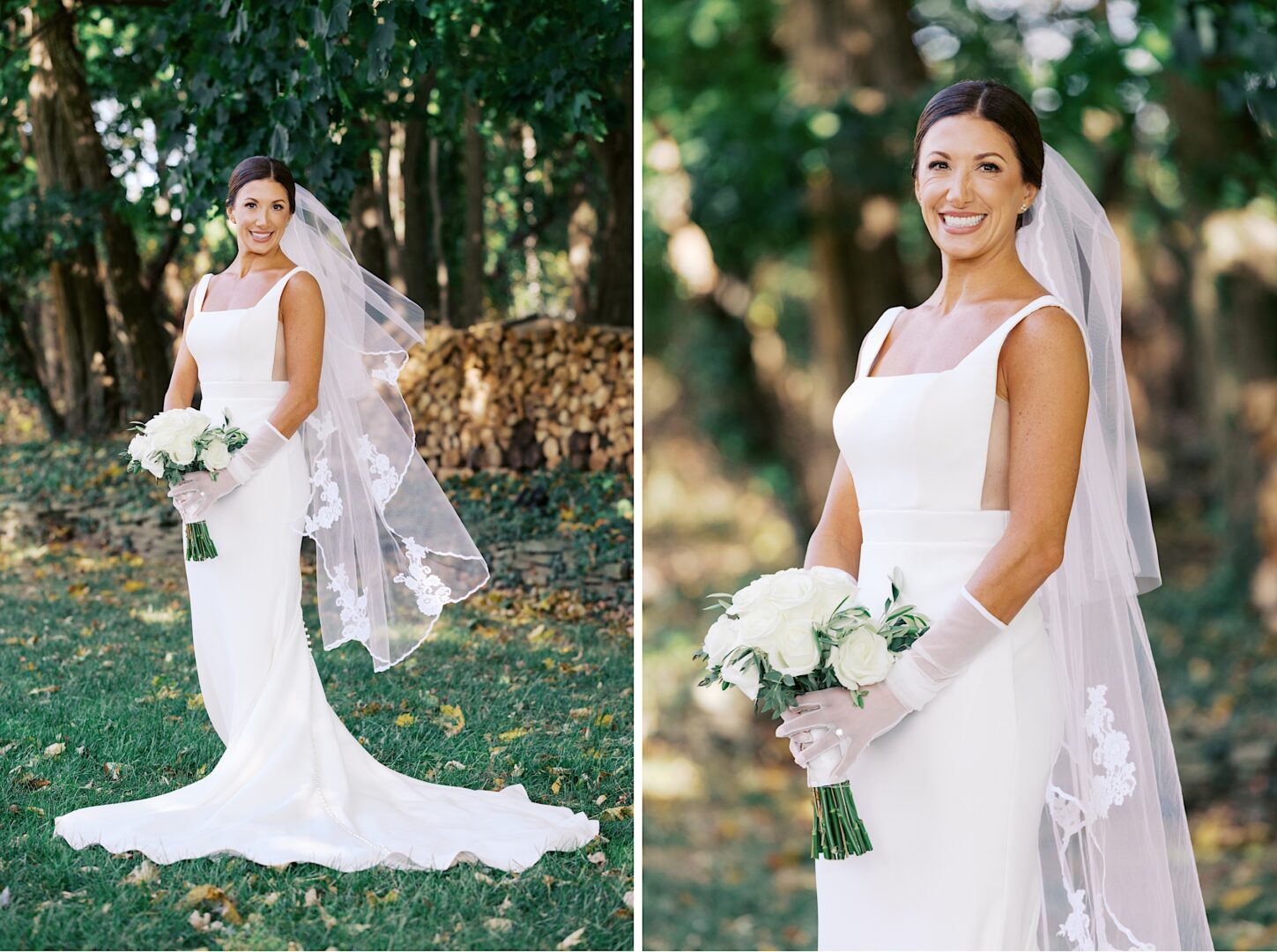 The Tilling House wedding scene unfolds with a bride in a white dress and veil, holding a bouquet of white flowers, as she stands gracefully on the grass, framed by the lush trees in the background.