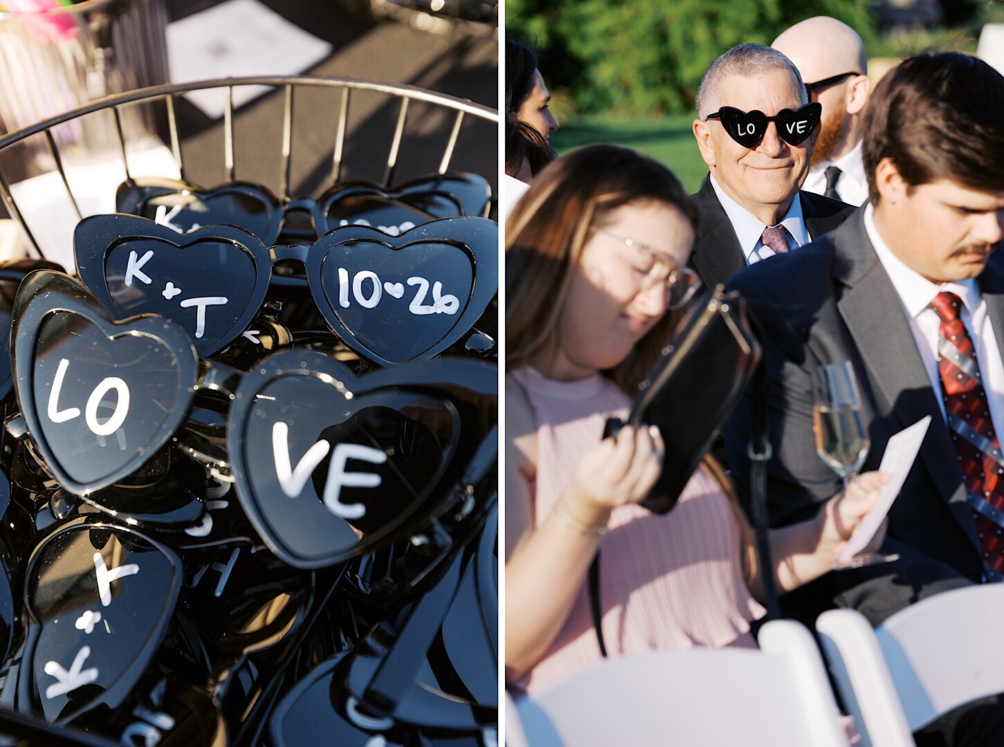 At The Tilling House wedding, a basket of heart-shaped sunglasses embossed with "LOVE" and initials awaited guests. Seated and adorned in matching eyewear, they added a touch of whimsy to the celebration.