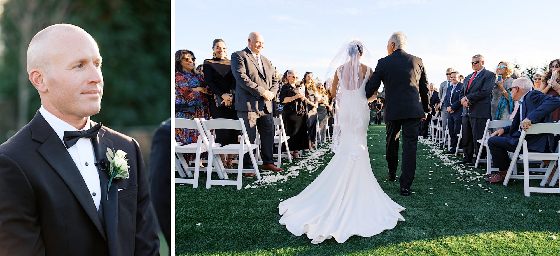 At The Tilling House wedding, the bride walks down the aisle with a man, flanked by guests standing on either side. Another man in a tuxedo stands to the left, capturing the elegance of this enchanting venue.