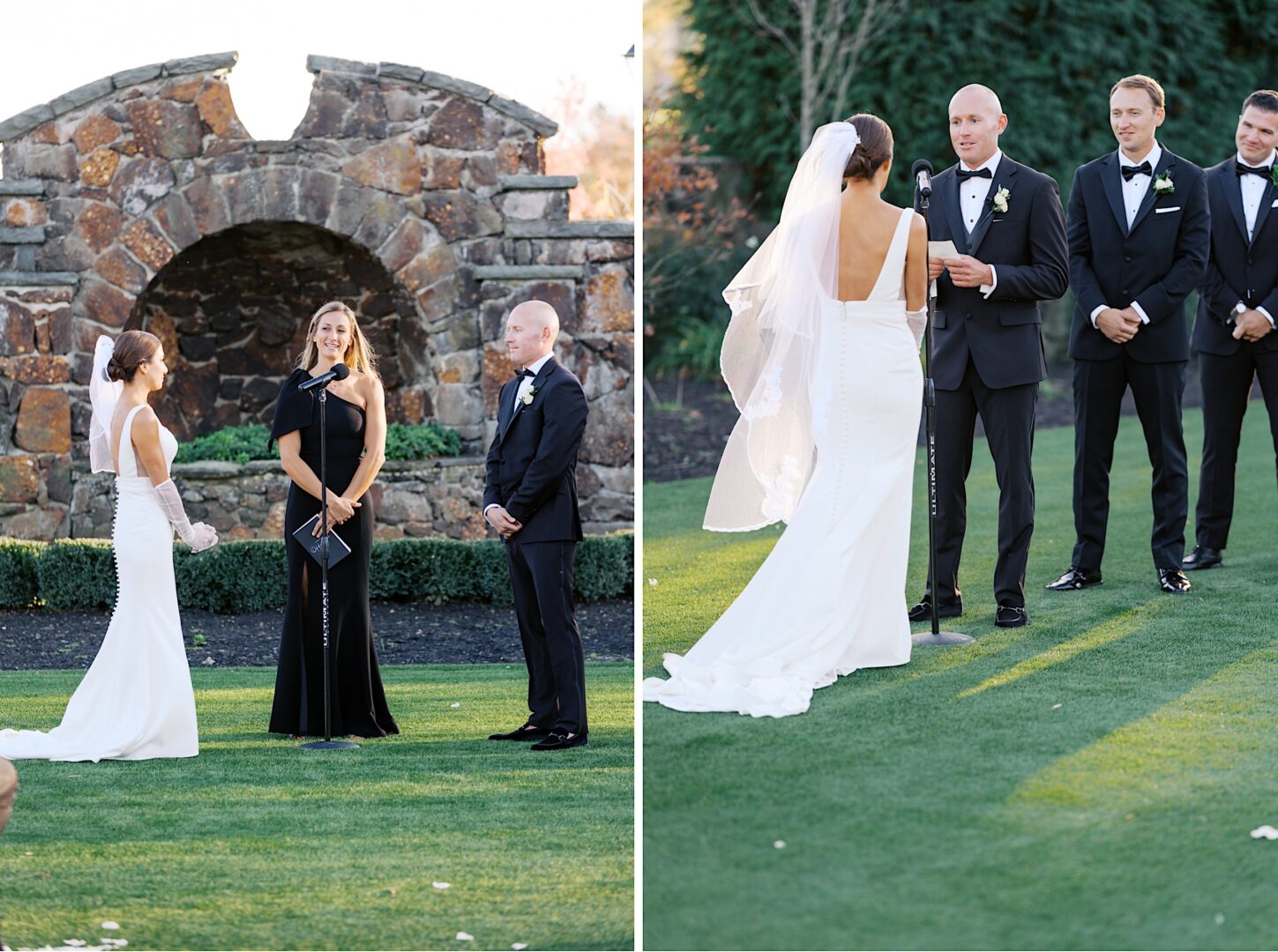 At The Tilling House wedding, a bride and groom stand facing each other outdoors during the ceremony, accompanied by an officiant and groomsmen.